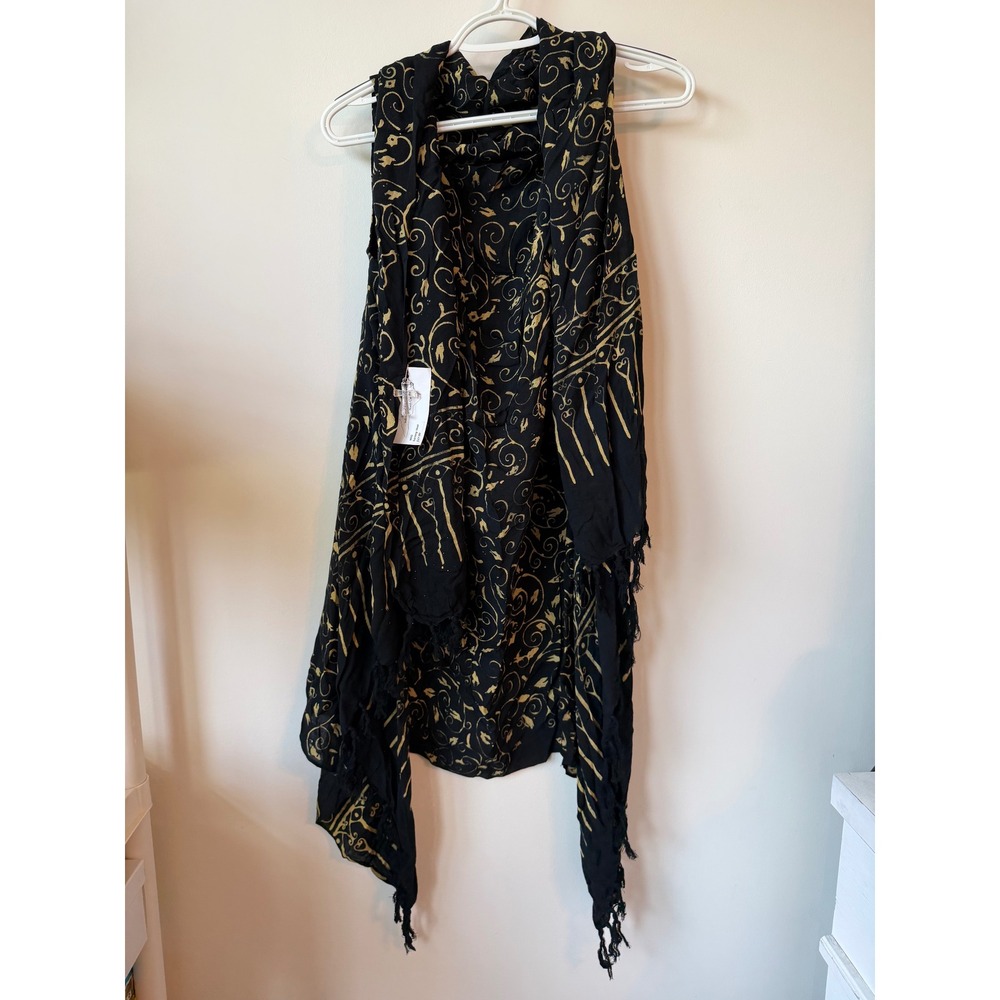 WIG Sarong Vest Black Gold Scroll Print Fringe Hand Made Boho Wrap One Size